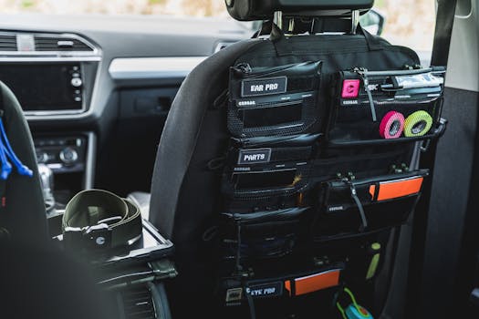 Car seat back organizer with labeled pockets for accessories and gear storage.